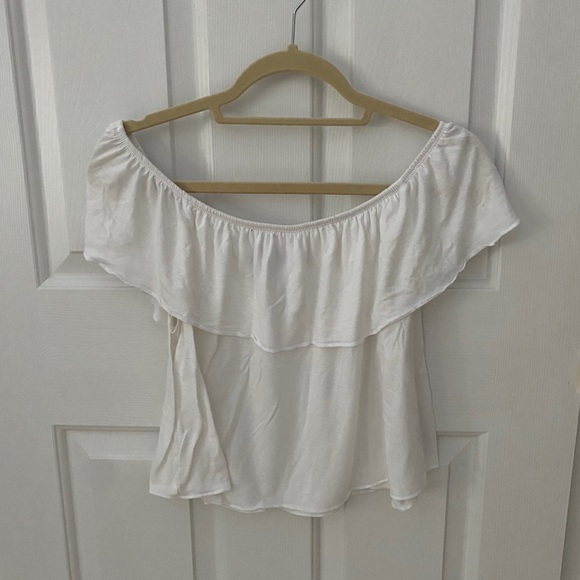 Topshop Off The Should White Ruffle Top Sz 10 - Picture 3 of 3